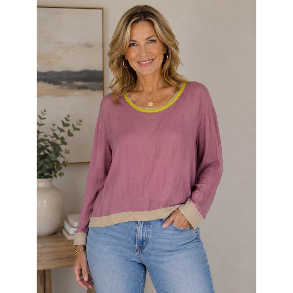 Heidi Merrick California Silk Mixed Media Top Pink Yellow Trim Womens Large